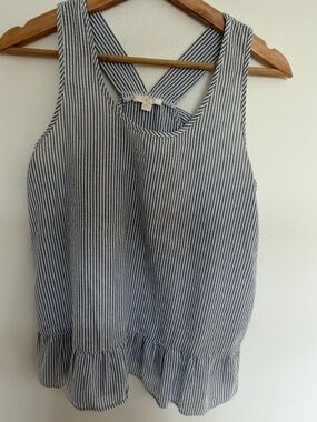 C Navy and White Striped Cross-Back Ruffle Tank w bow detail